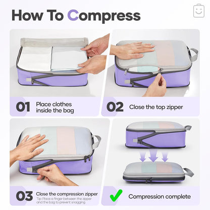 Veken 9/11 Set Compression Packing Cubes for Travel Essentials,Compressible Expandable Large Luggage Suitcase Organizer Bags for Clothing,Durable Space Saver Storage Bags(Light Purple)