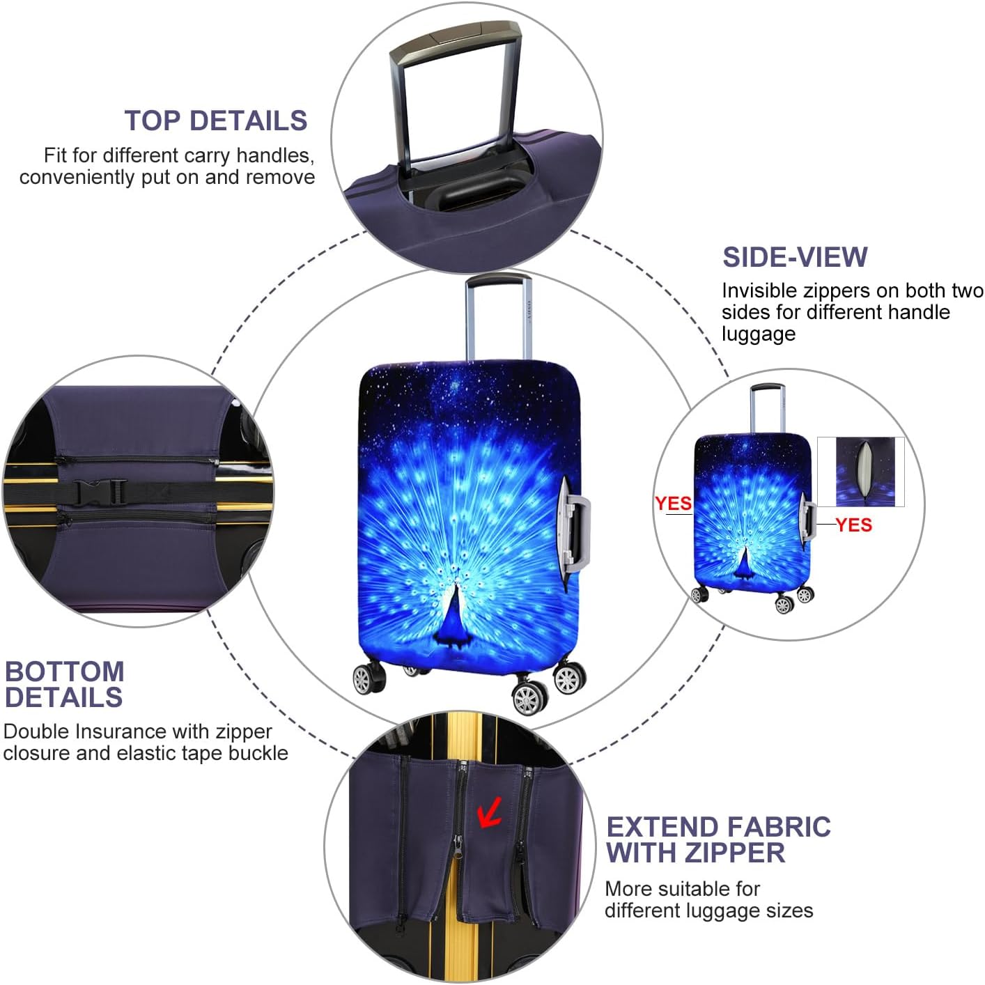 7-Mi Suitcase Cover 3D Print Design Travel Luggage Protector Trolley Case Cover 22"-24" Sleeve, BluePeacock