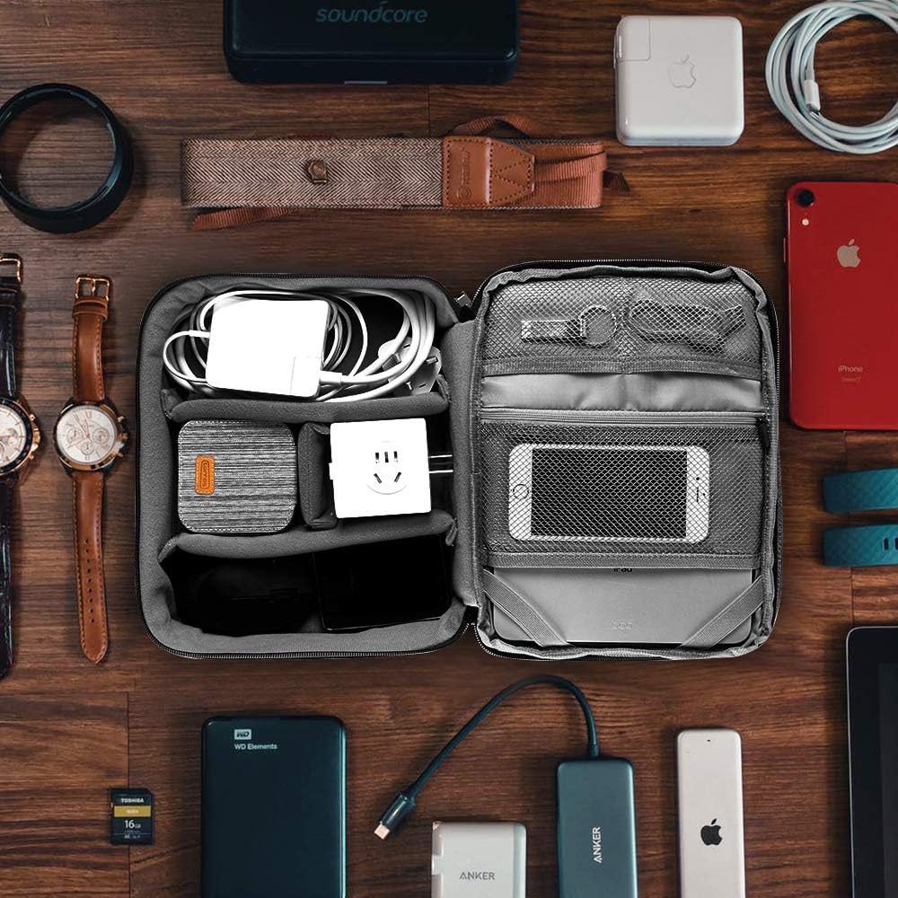 ORIENT FAMULAY Travel Organizer, Waterproof Cable Bag for Electronic Accessories Double Layer Large Shockproof Storage Bag for Cord, Hard Disk, Power Bank, Tablet -Gray