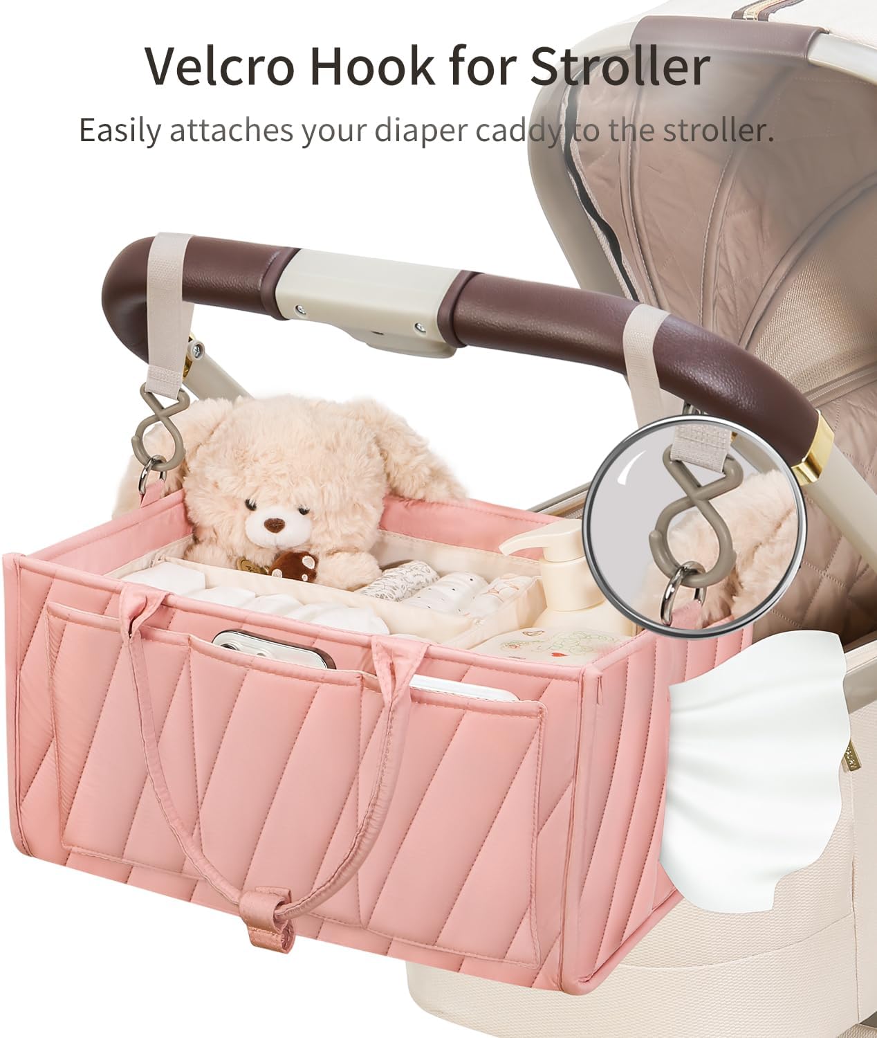 Diaper Caddy Organizer for Baby Essentials – Soft Blush Pink Storage Basket with Compartments, Shoulder Strap & Stroller Hooks – All-in-One Multifunctional Diaper Storage Tote for Nursery & Car