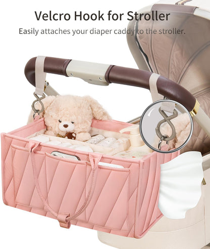 Diaper Caddy Organizer for Baby Essentials – Soft Blush Pink Storage Basket with Compartments, Shoulder Strap & Stroller Hooks – All-in-One Multifunctional Diaper Storage Tote for Nursery & Car