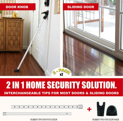 SECURITYMAN 2-in-1 Door Security Bar & Sliding Patio Door Security Bar (2 Pack) via Interchangeable Caps - Heavy Duty Iron Construction Door Stoppers for Home, Apartment, Travel Hotel - White