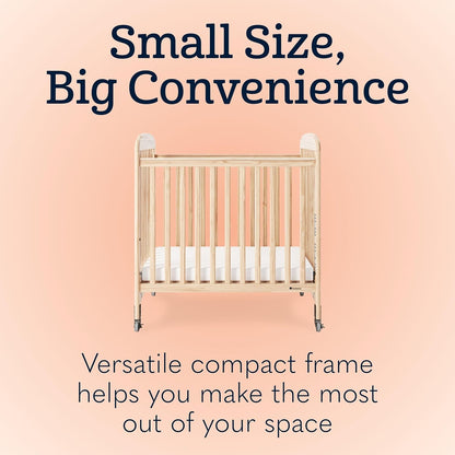 Foundations Serenity Compact Daycare Crib, Fixed Side, Features Mirrorview End Panels and Slatted Side Panels, Durable Wood Construction, Includes 3” InfaPure Foam Mattress (Natural)