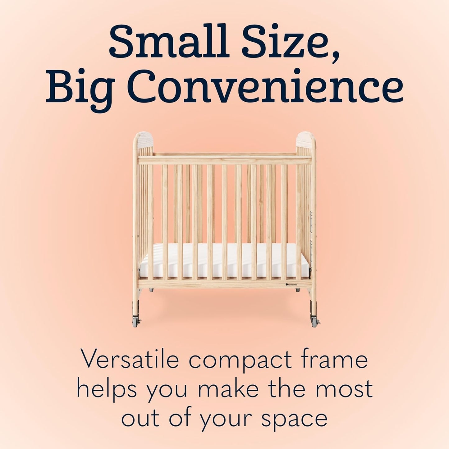 Foundations Serenity Compact Clearview Daycare Crib, Fixed Side, Durable Wood Construction, Non-Marking Casters (2 Locking), Clear End Panels, Includes 3” InfaPure Foam Mattress (White)