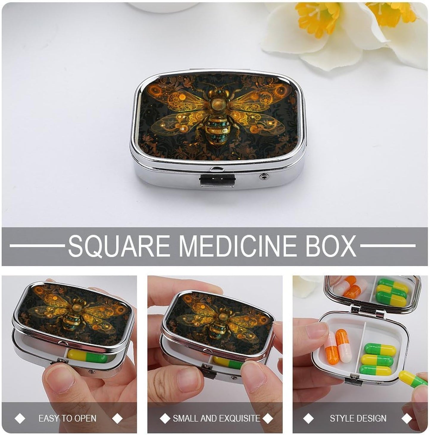 Metal 2 Compartment Pill Organizer Travel Friendly Portable Compact Pill Box Cute Pill Case to Hold Vitamins,Fish Oil,Supplements,Meds,Tablet for Purse,Pocket. (Bee)
