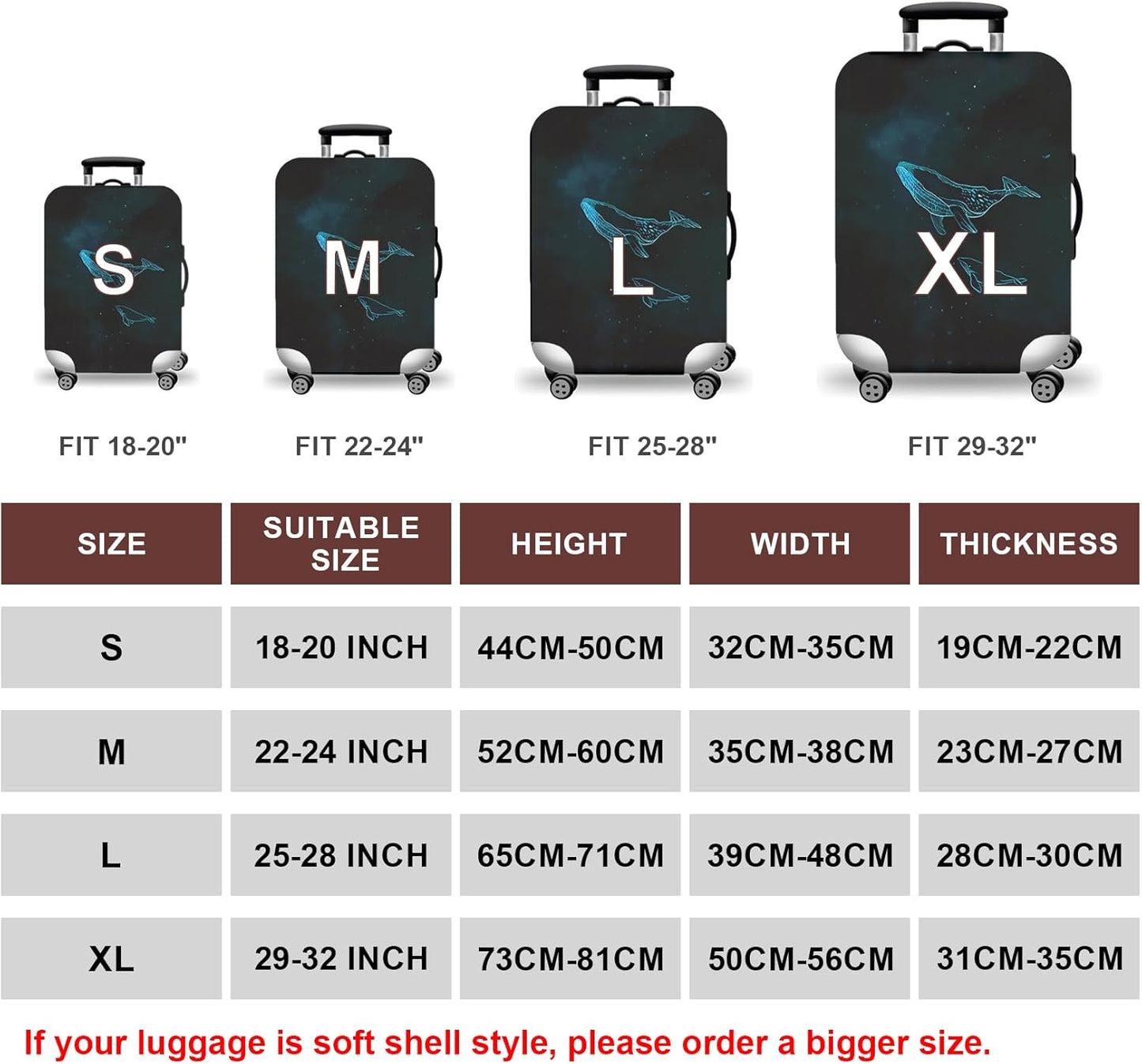 WUJIAONIAO Travel Luggage Cover Baggage Suitcase Cover Protector Skins 18-32 Inch (dolphin, M (for 22-24 inch luggage))