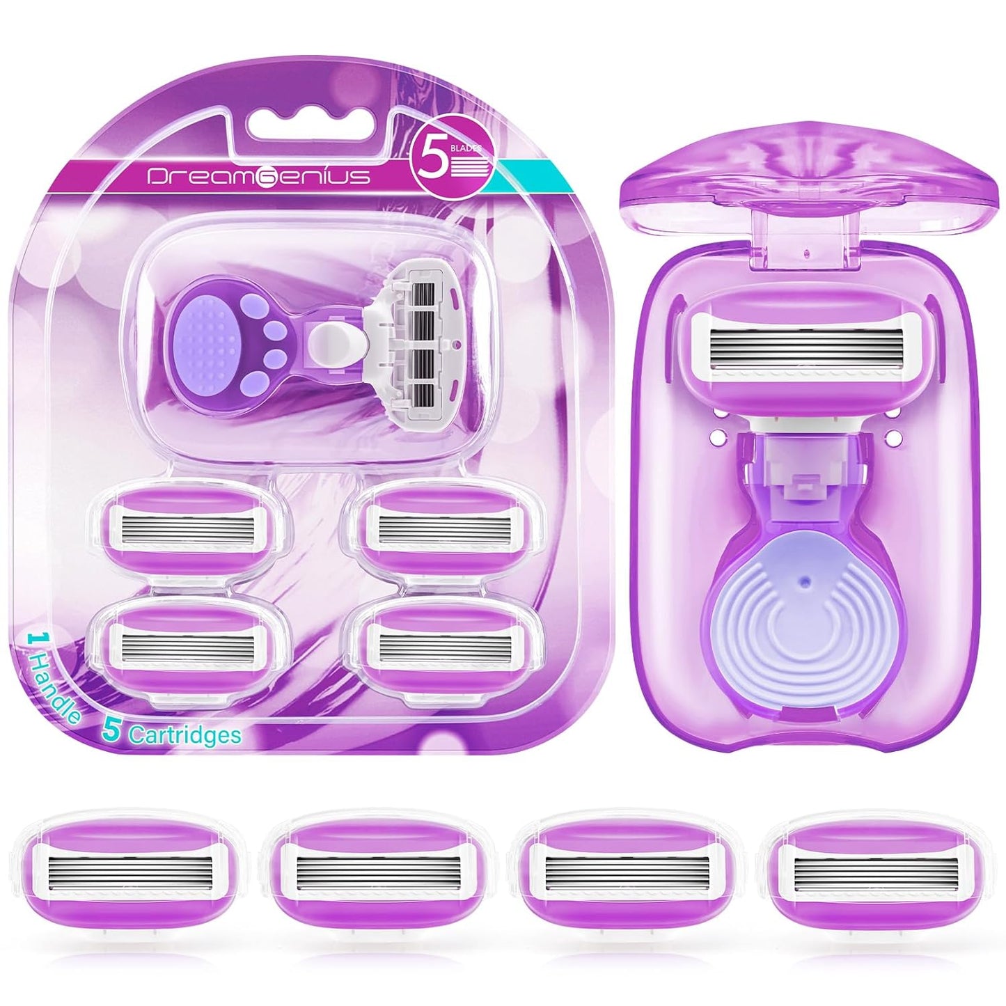 DreamGenius Travel Razors for Women Include 1 Handle and 5 Cartridges, Extra Smooth 5-Blade Travel Essentials Razor with Case for Shaving, Purple