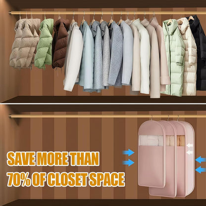 Space Saving Hanging Garment Bag With Self Compression Zipper,Garment Bags for Travel,Dust Cover for Coats Down Jackets, Closet Clothes Organizer with Clear Window (Beige, M+L+XL)