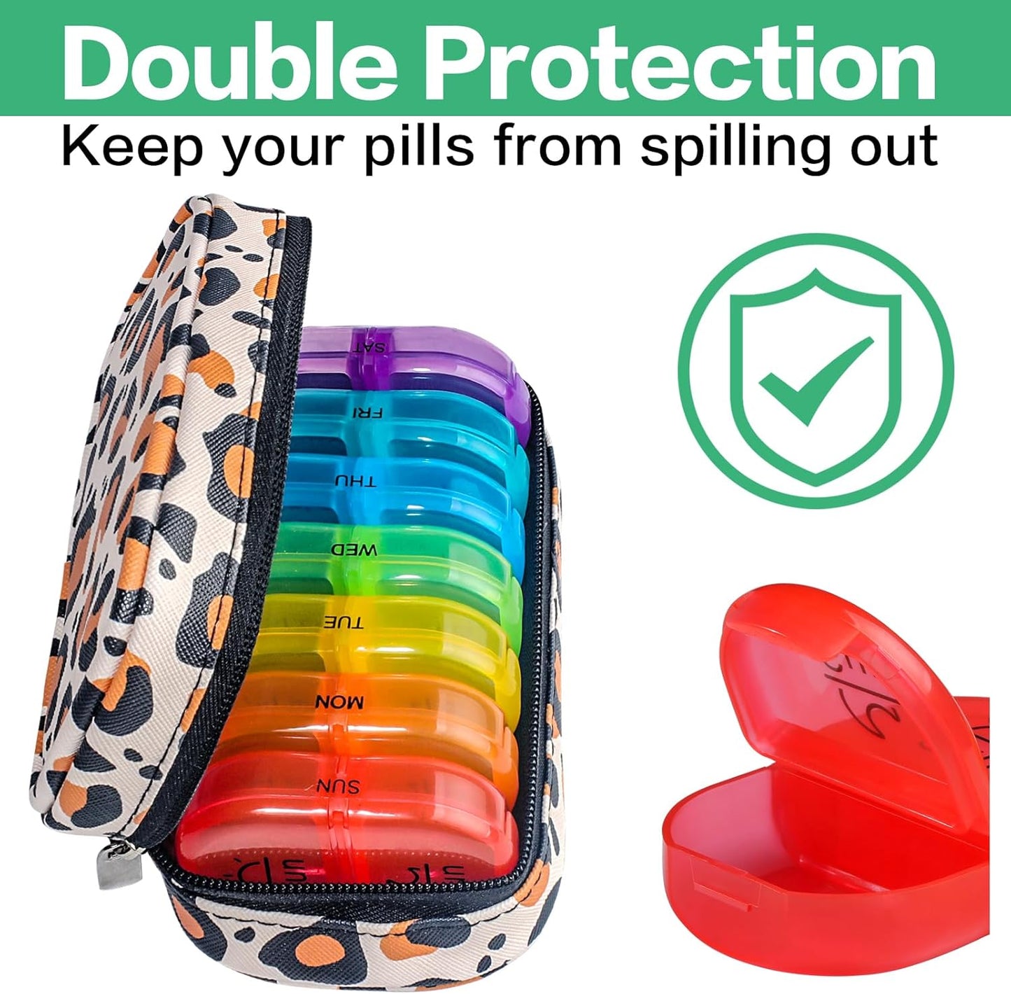 Serfeymi Weekly Travel Pill Organizer 2 Times A Day AM PM Upgraded Rainbow Pill Box 7 Day with Portable Zipper PU Leather Pill Case, Medicine Organizer for Pills, Vitamins, Fish Oils - Brown 02