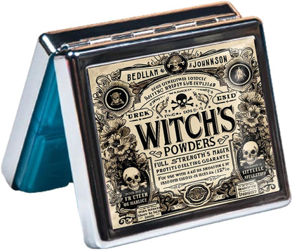 Cute and Portable Metal Pill Organizer – 8 Compartments, Elegant Chrome Finish, Ideal for Travel and Daily Use (Witch's Powders Vintage)