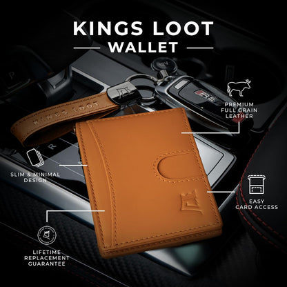 Kings Loot Custom Wallet for Men | Engraved Leather Slim Wallet with Money Clip | Personalized RFID Blocking Design | Minimalist & Stylish Wallets (Cognac)