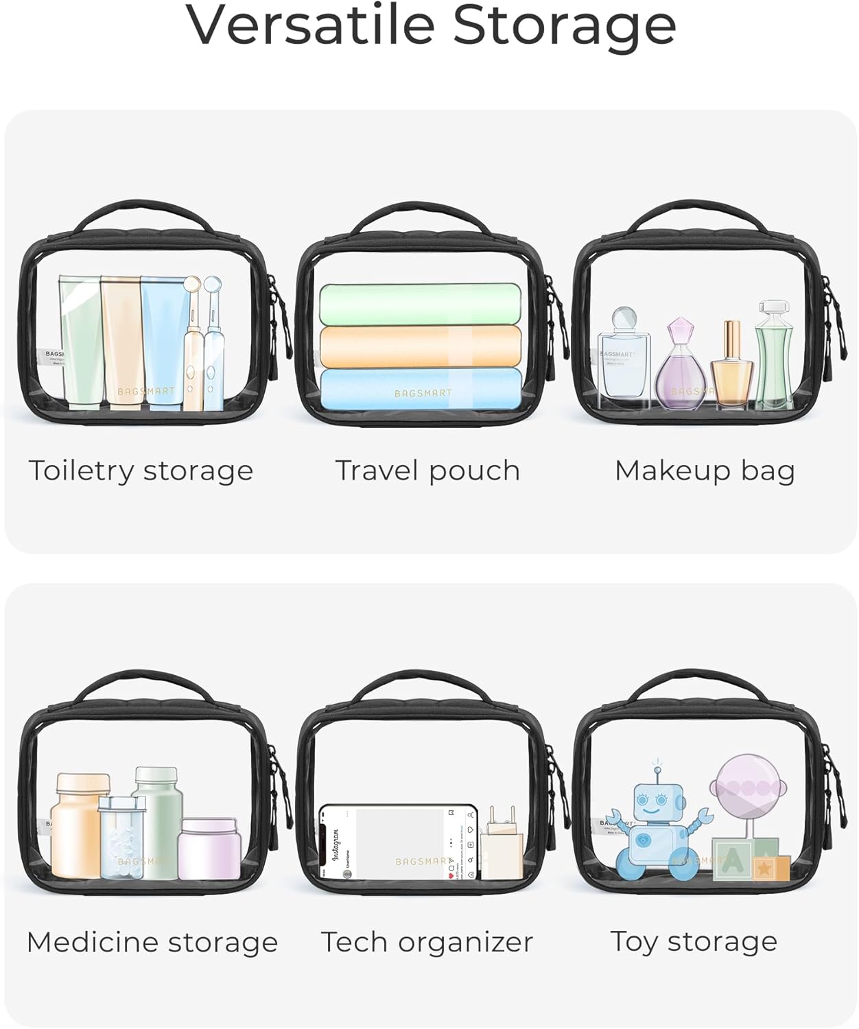 BAGSMART Clear TSA Approved Toiletry Bag, 2 Pack Travel Makeup Quart Size Cosmetic Bag with Handle for Women Men, Carry on Airport Airline Compliant