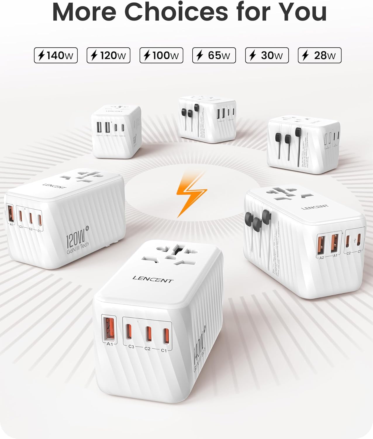 LENCENT Universal Travel Adapter, 100W GaN International Fast Charger with 2 PD3.0 Type C+2 QC USB A, Worldwide Power Adaptor for Phones,Laptops, All in One Travel Essentials for EU/USA/UK/AU, White