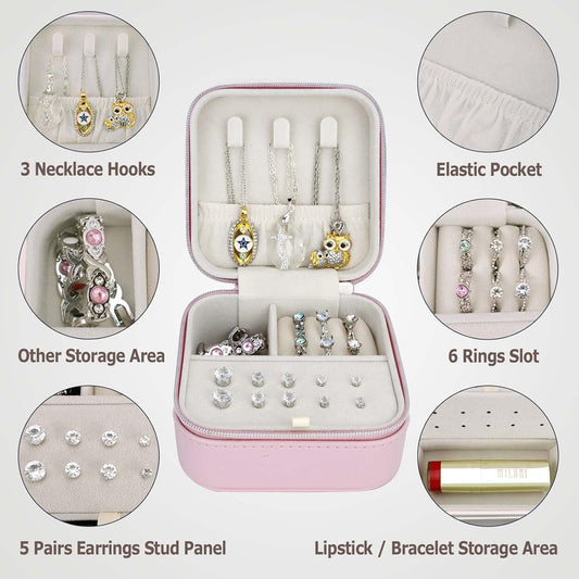 Travel Small Portable Mini Jewelry Box for Rings Earrings Necklaces and Lipstick Pink