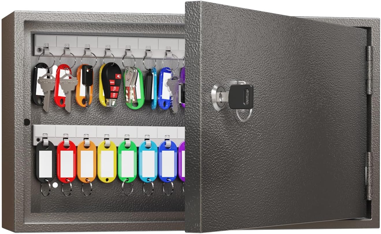 WeHere Key Lock Box for 60 Keys, Wall Mount Key Cabinet with Color Key Tags, Steel Key Storage Box with Lock, Key Holder Organizer for Home, Office, Apartment, Property Management