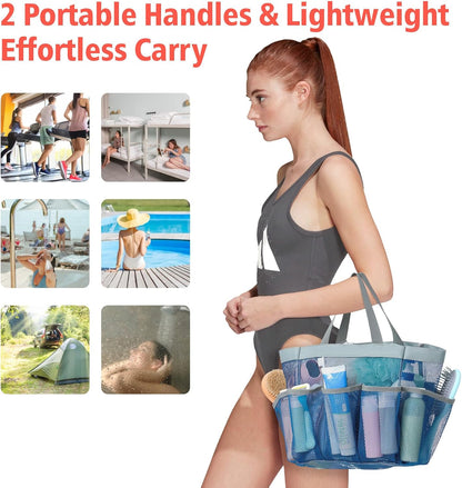 F-color Mesh Shower Caddy Portable - 2 Handles Upgrade Deeper 7 Pockets Basket Bag Tote for College Dorm Room Toiletry Bathroom Essentials Gym Camp Quick Dry with S Hook, 2 Pack Blue