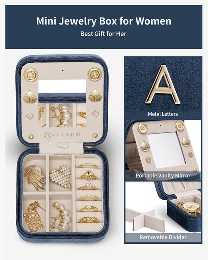 Vlando Travel Gifts 2025, Travel Jewelry Case for Girl Women, A Initial Jewelry Case, Mini Jewelry Travel Organizer Travel Essentials Gifts for Friend Teen Girls - Letter A, Dark Blue