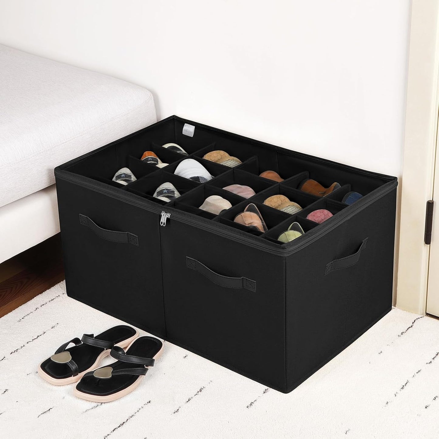 Shoe Organizer for Closet 2 Pack, Foldable Shoe Box with Adjustable Divider and Clear Cover, Space Saving Shoe Storage Organizer Cabinet with Reinforced Handles, Fits 40 Pair, Black, TP11B