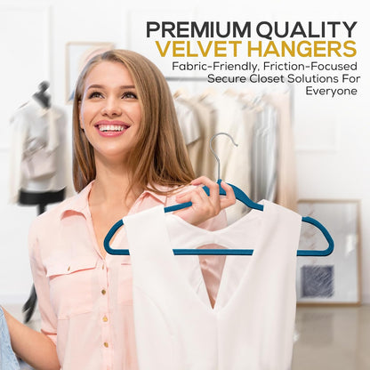 Premium Velvet Hangers 50 Pack Ultra Thin Non Slip Adult Felt Space Saving Slim Suit Hanger for Closet Heavy Duty Coat Pants Jackets Dress Hangers 360° Swivel Hook Hold Upto 10 lbs Blue