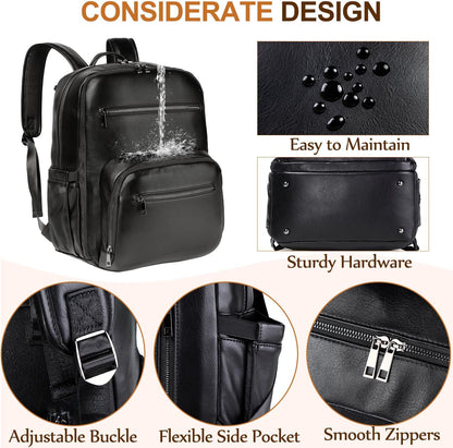 VASCHY Diaper Bag Backpack for Mum Dad, Unisex Large Waterproof Vegan Leather Baby Bag with Changing Pad,Insulated Pockets,Padded Laptop Sleeve for Travel,Black