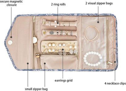 BAGSMART Travel Jewellery Organiser Roll Foldable Jewelry Case for Journey-Rings, Necklaces, Bracelets, Earrings, White Leaf