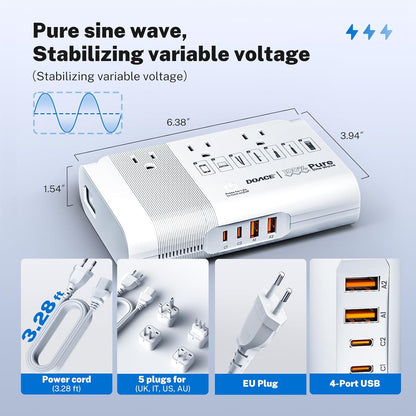 DOACE 500W Universal Travel Adapter 220V to 110V Voltage Converter, Pure Sine Wave European Travel Plug Adapter Converter, Transformer for US to Most Europe，UK/AU/EU/IT with 3 US Outlets & 4 USB