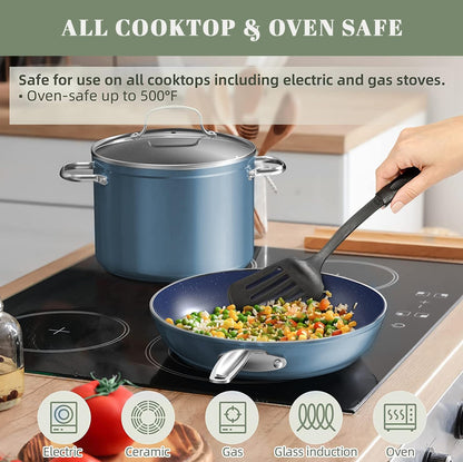 Nuwave 7pc Cookware Set Healthy Duralon Blue Ceramic Nonstick Coated, Diamond Infused Scratch-Resistant, PFAS Free, Oven Safe, Induction Ready & Evenly Heats, Tempered Glass Lids & Stay-Cool Handle