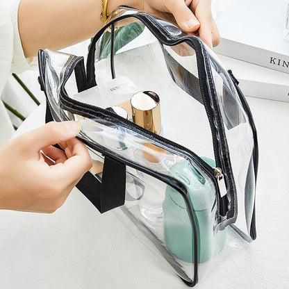 APREUTY Clear Makeup Bags, TSA Approved 3 Pcs Large Cosmetic Makeup Bags Set Clear PVC with Zipper Handle Portable Travel Luggage Pouch Airport Airline Vacation Organization (Black)