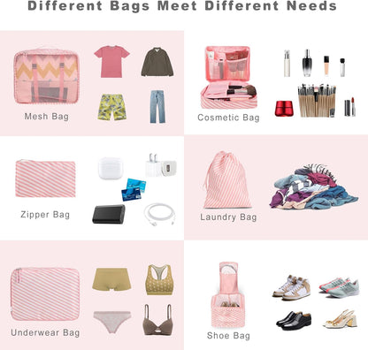 BAGAIL 8 Set Packing Cubes Luggage Packing Organizers for Travel Accessories-White and Pink Stripe