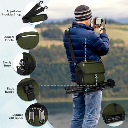 RAINSMORE Camera Bag, DSLR/SLR/Mirrorless Camera Case with Tripod Holder Waterproof Camera Sling Bag Crossbody Camera Bags for Photographers with Rain Cover for Canon/Nikon/Sony/Fuji, Green