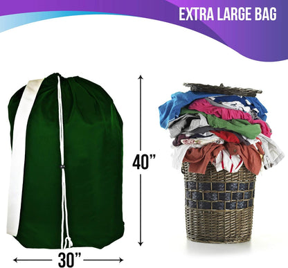 American Laundry Bags | Backpack with Shoulder Strap 2 piece set | Heavy Duty Clothes Holder | Travel Hamper for College Dorm | Portable Wash Bag | Green color | 30" x 40" size | Made in the USA