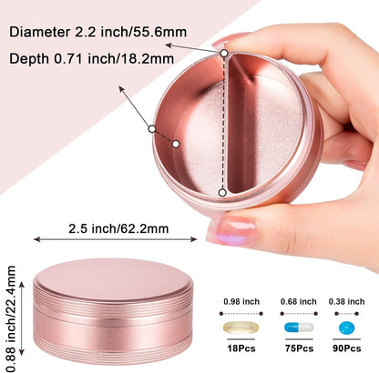 Small Pill Case 2 Compartment Metal Pill Box - Portable Travel Pill Container for Pocket or Purse, Waterproof Pill Organizer for Medicine Vitamin Fish Oil and Supplements