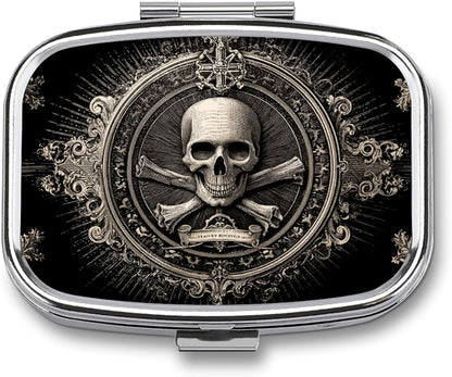 Metal 2 Compartment Pill Organizer Travel Friendly Portable Compact Pill Box Cute Pill Case,for Pocket Wallets Daily Portable Medicine Vitamin Tablet Storage (Skull)