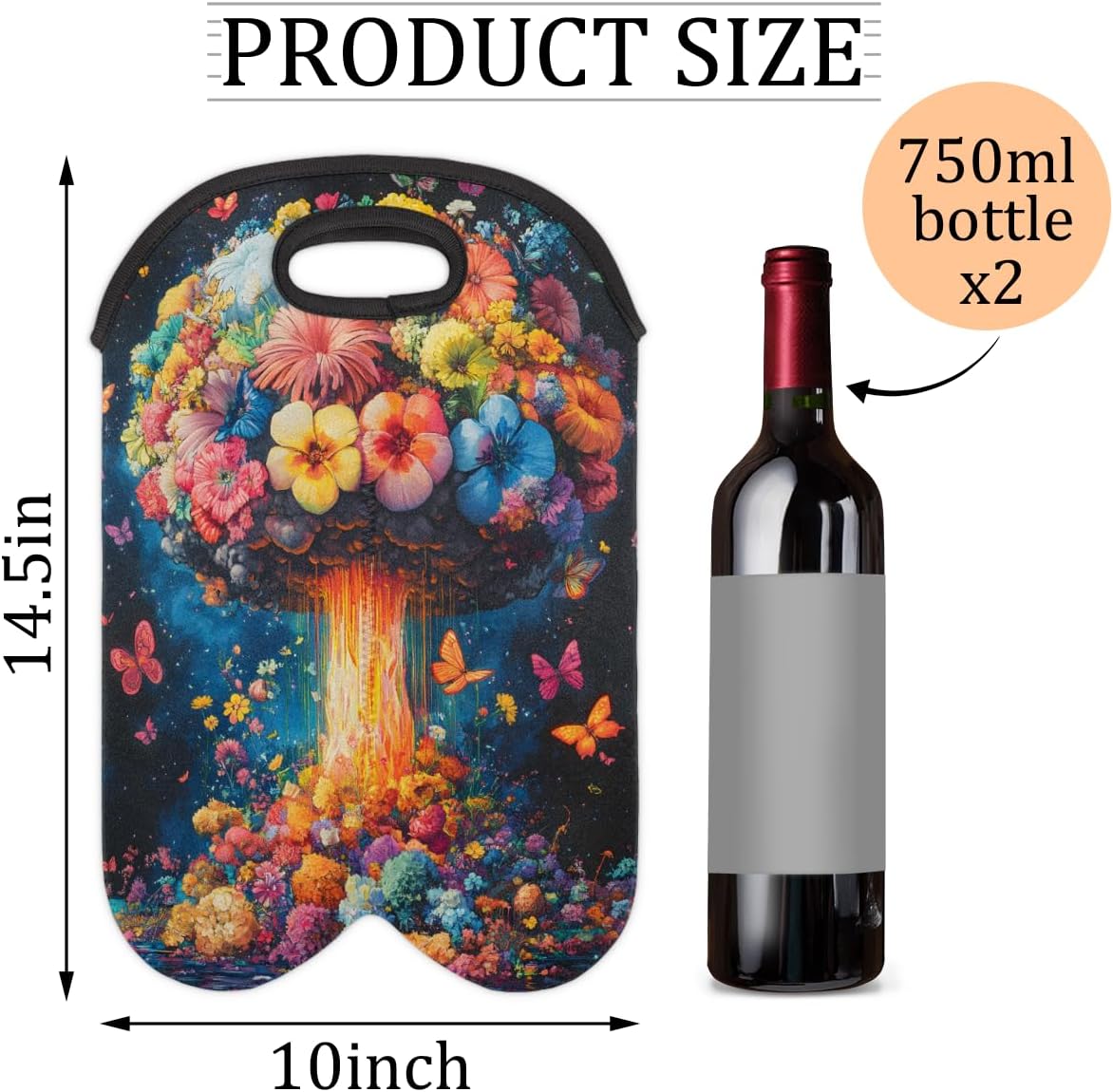 Neoprene Wine Tote, Bottle Carrier Gag Insulating Neoprene Thicker, Insulated Wine Bag for Travel Holds Two Bottles, Bottle Carrier Bags Protect the Bottles, Mushroom Flower