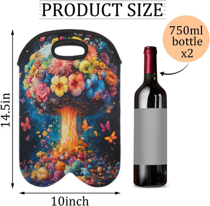 Neoprene Wine Tote, Bottle Carrier Gag Insulating Neoprene Thicker, Insulated Wine Bag for Travel Holds Two Bottles, Bottle Carrier Bags Protect the Bottles, Mushroom Flower