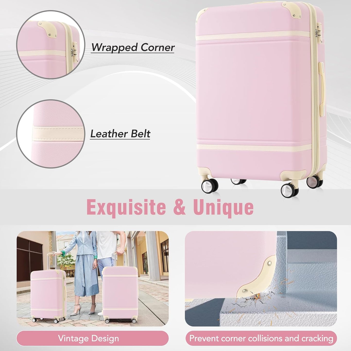 Merax Luggage Set 3 Piece Suitcase Set with Cosmetic Case Expandable Spinner Wheels Vintage Luggage Sets(Light Pink,20"+24"+28")