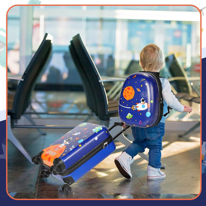 Weewooday Kids Luggage and Backpack 18" Suitcase with Spinner Wheel Hard Case Travel 13" Backpack Girl Suitcase Set for Kids Travel Supplies(Blue,Spaceman Style)