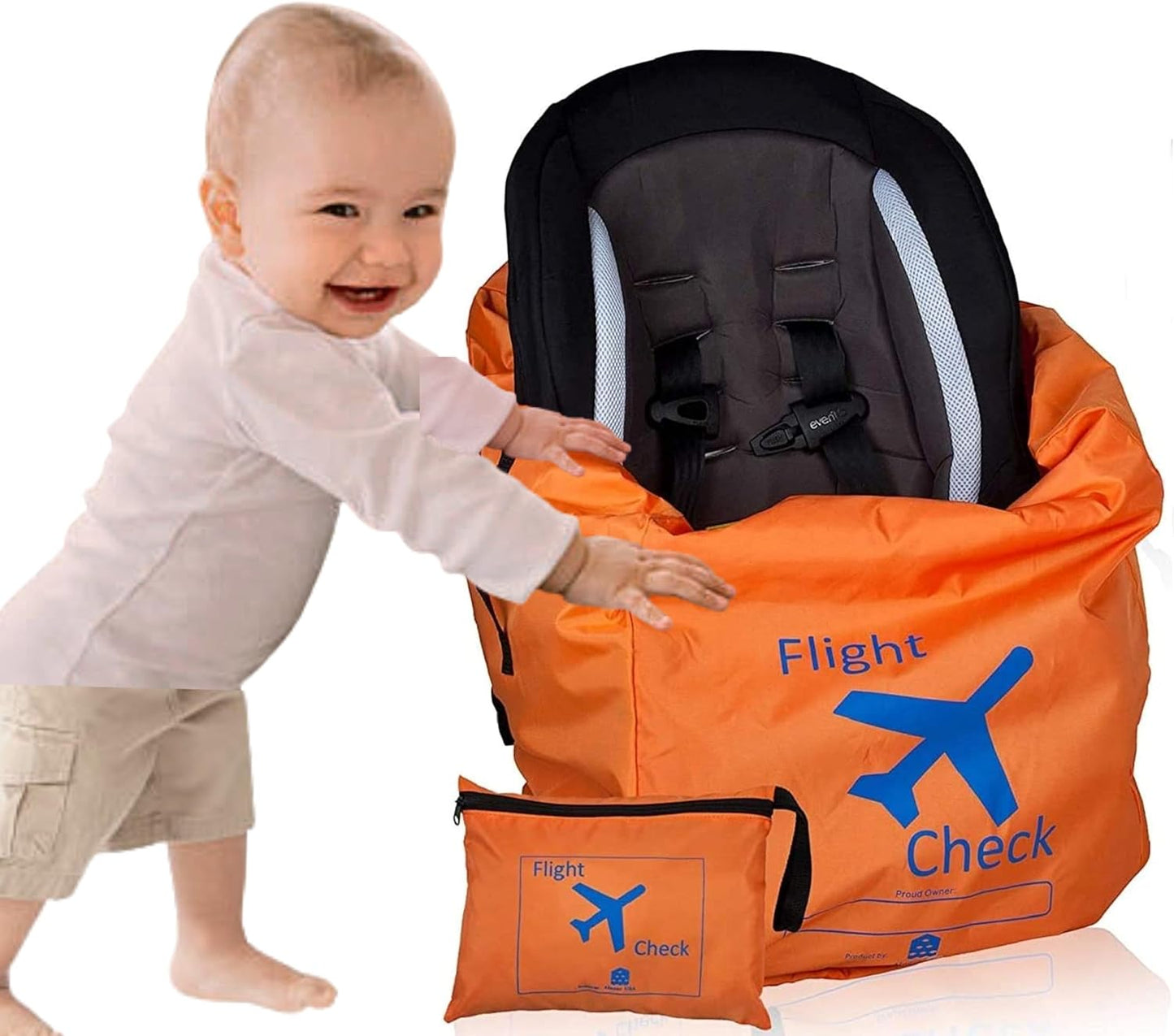 Car Seat Travel Bag and Carrier for Gate Check with Travel Pouch - Bright Orange with Blue Letters for Airport, Airplane Gate Check, Car Trips and Storage Double Backpack Straps | Carseat Bag for sto
