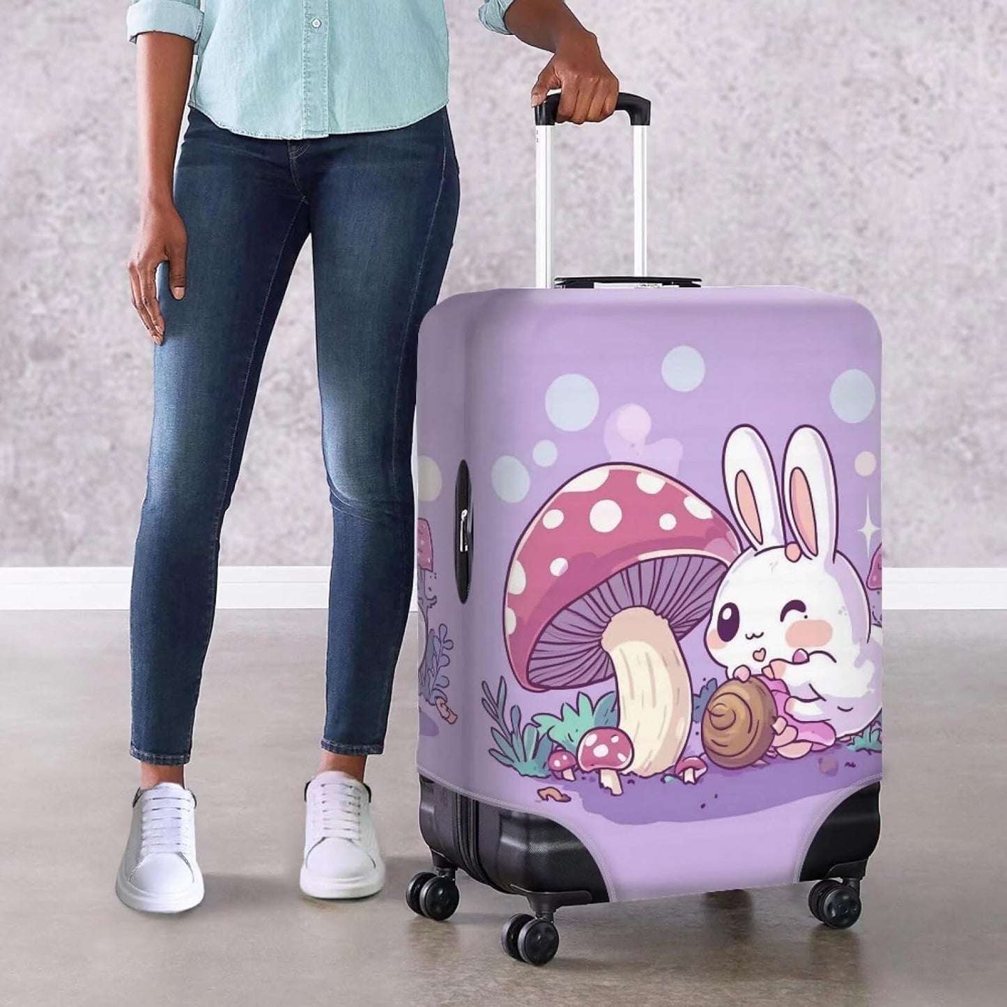 Cute Bunny Rabbit Luggage Covers Fit 26-29 Inch Universal Thickness Suitcase Covers for Luggage Mushroom Suitcase Cover Scratch Resistan Zip Travel Luggage Cover Elastic Baggage Case
