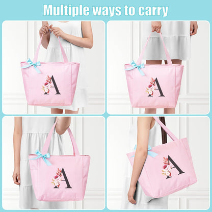 Vavabox Tote Bag, A-Z Initial Monogrammed Waterproof Tote Bag, Bridesmaid Gifts for Women, Black and Pink