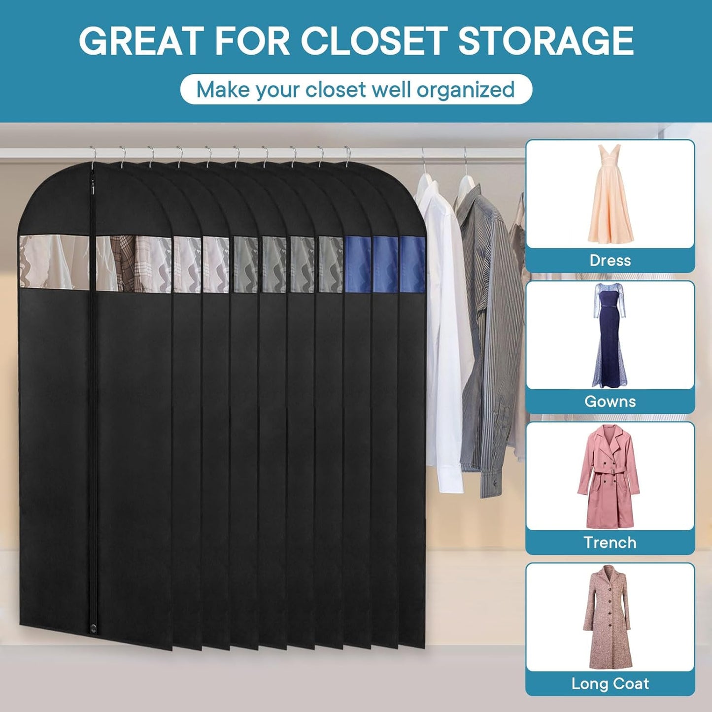 Dress Bags for Gowns, 65" Long Garment Bags for Hanging Clothes, 3-Pack Foldable Dress Cover with Clear Window for Women's Coats, Formal Gowns, and Evening Dresses
