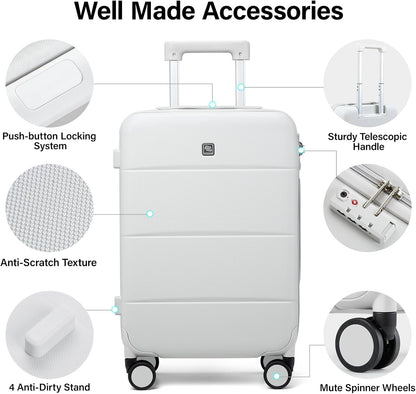 Hanke 20 Inch Carry On Luggage 22x14x9 Airline Approved PC Hard Shell Suitcases with Wheels TSA Luggage for Women Men Lightweight Travel Luggage(Smoke White)