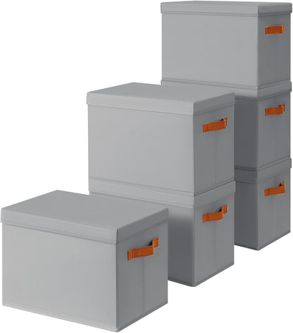 Storage Bins with Lids - Fabric Storage Baskets for Shelves, 6 Pack Foldable Decorative Boxes with Handles, Stackable Organizer Bins for Home, Nursery, Dorm, Grey