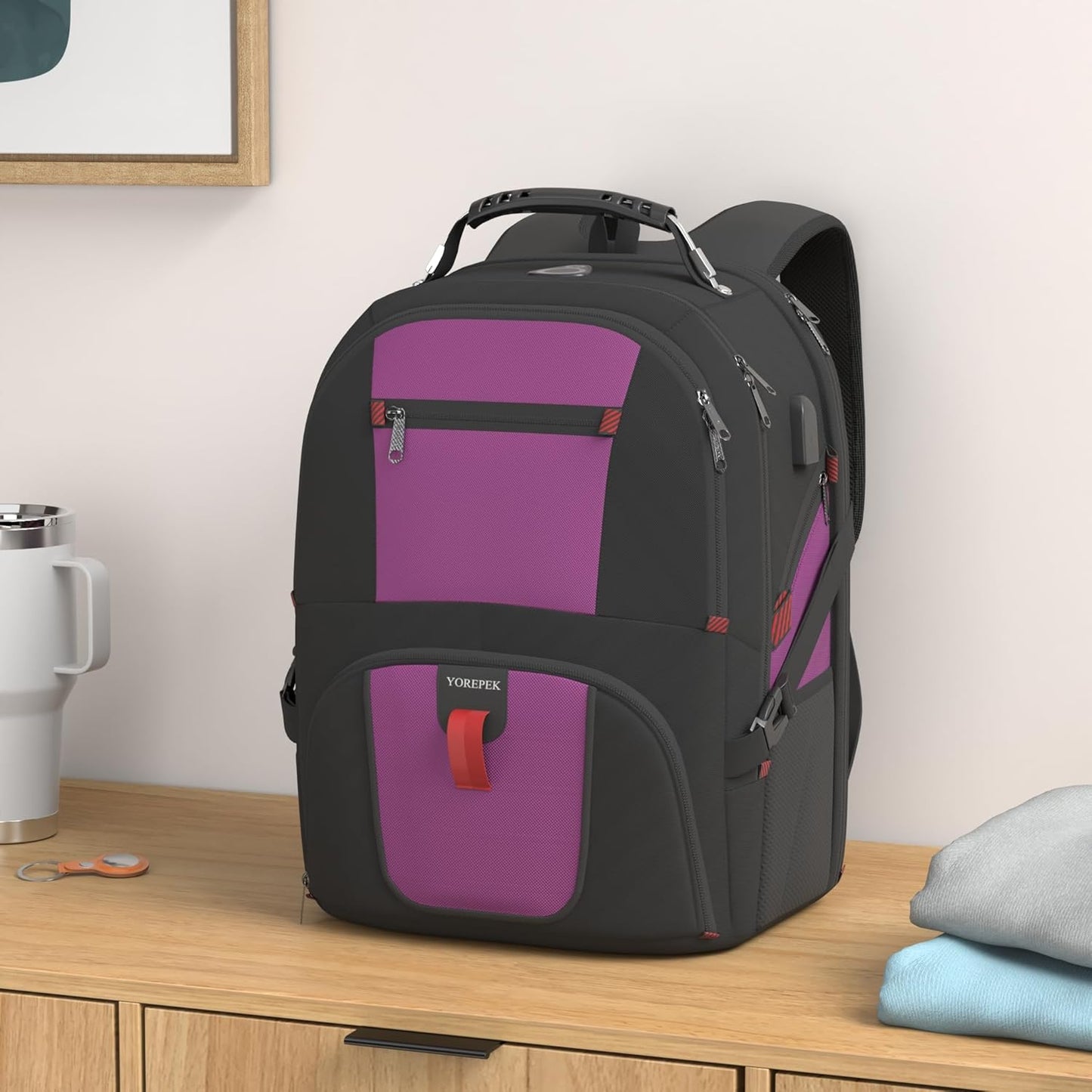 YOREPEK Travel Backpack, Extra Large 50L Laptop Backpacks for Men Women, Water Resistant College Backpack Airline Approved Business Work Bag with USB Charging Port Fits 17 Inch Computer, Purple