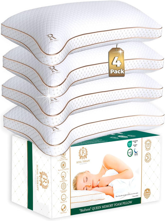 Royal Therapy Queen Memory Foam Pillows 4-Pack - Shredded Memory Foam Pillow for All Sleep Positions - Medium Firm Pillow with Adjustable Loft, Bamboo Rayon Cover, CertiPUR-US, Oeko-TEX Certified