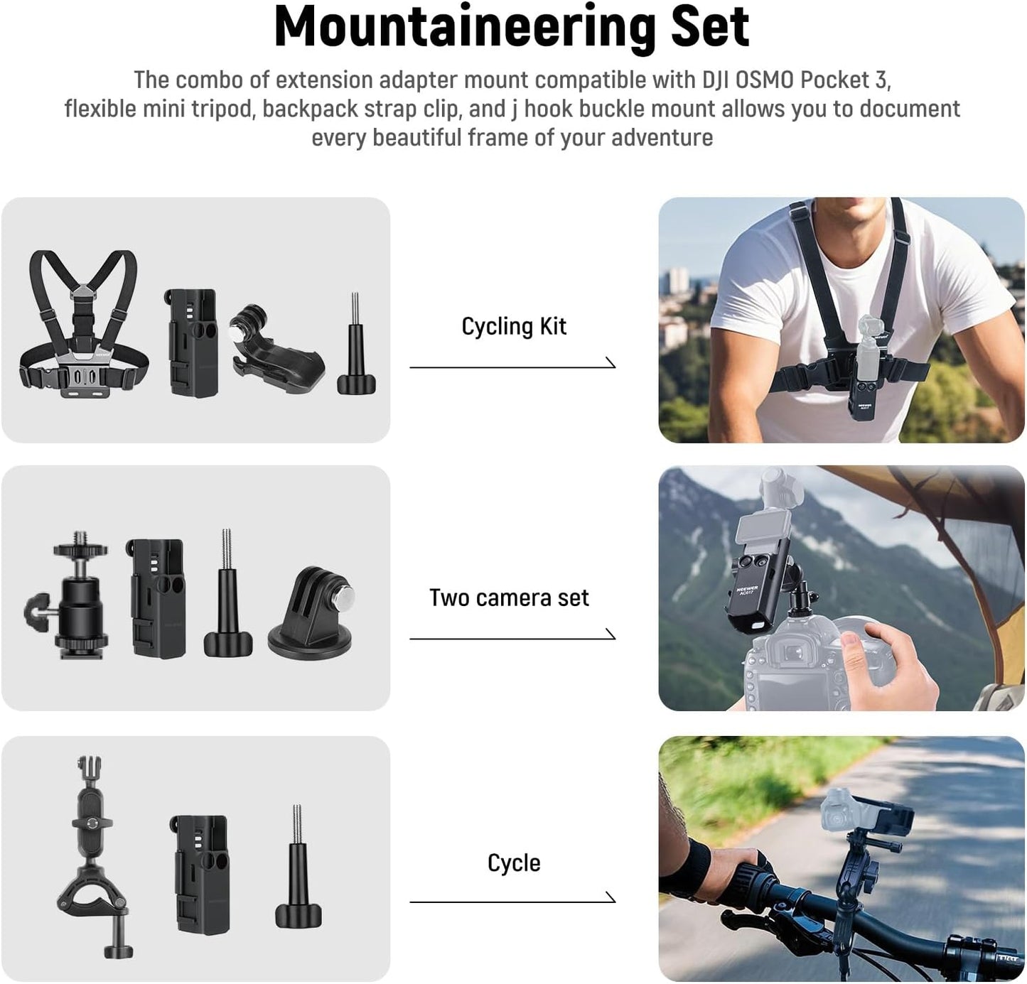NEEWER Basics 16 in 1 Accessories Kit Compatible with DJI OSMO Pocket 3, Mini Tripod Selfie Stick Chest Strap Magnetic Neck Mount Extension Adapter Mountaineering Cycling Dual Cam Vlog, GP-52