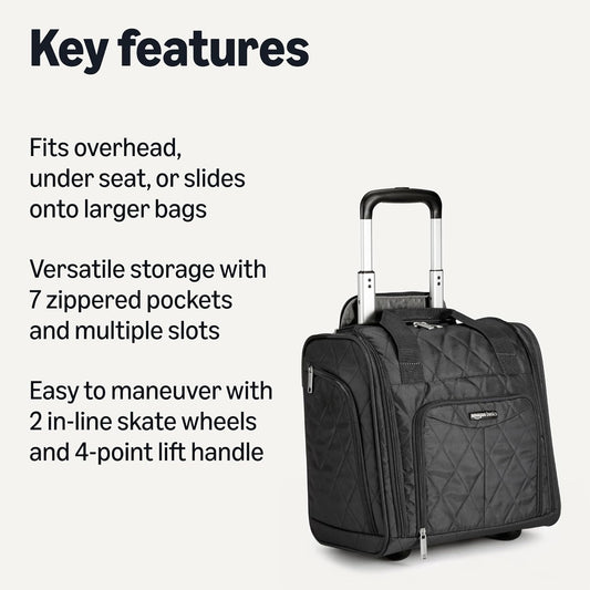 Amazon Basics Underseat Carry On Luggage with Wheels - 14" Rolling Travel Bag, Black Quilted