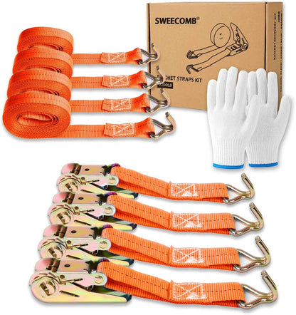 Ratchet Straps (4-Pack), 1 Inch x 16.4 Feet (2200lb Break Strength) with Sturdy Metal Hooks, 1x Work Gloves, Heavy Duty Tie Down Straps for Truck, Cargo Trailer, Motorcycle, Luggage, Moving (Orange)