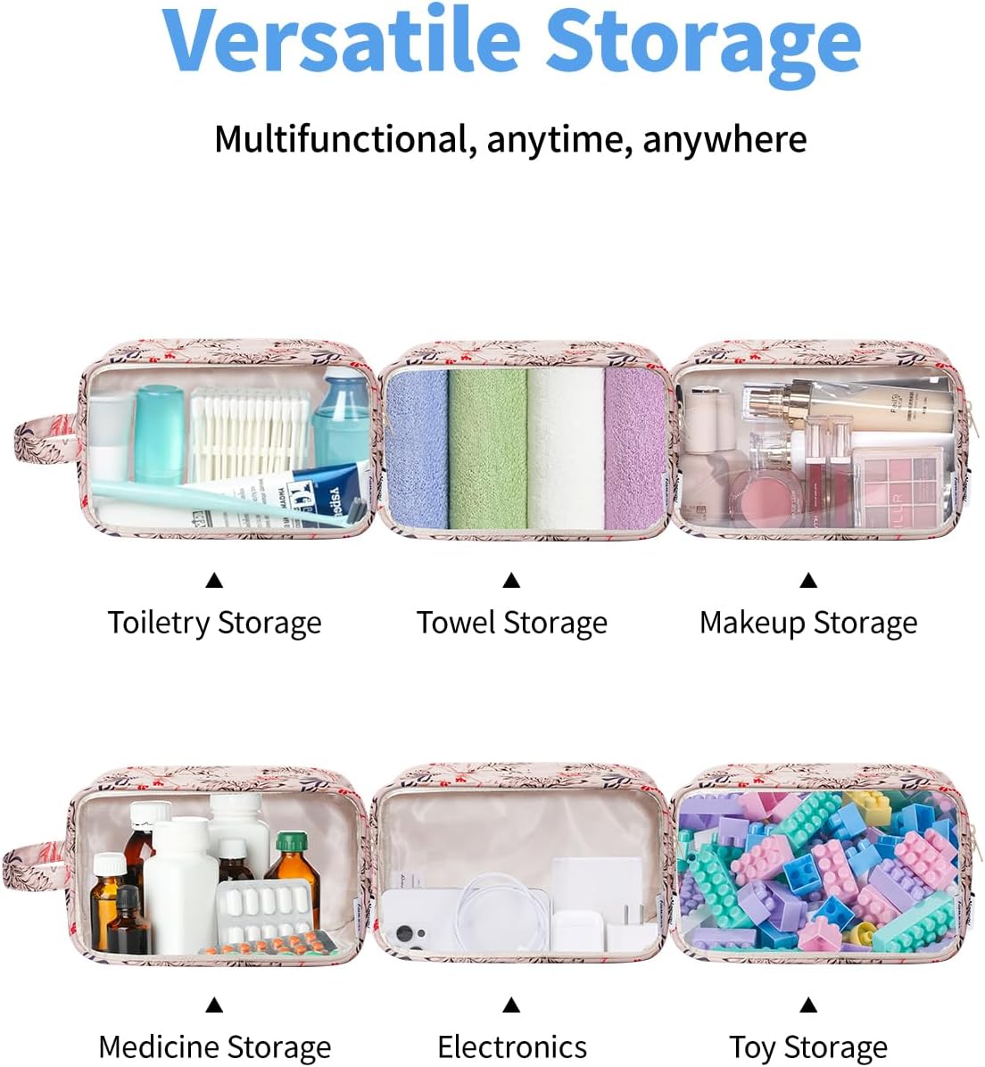 Narwey Clear Toiletry Bags for Traveling Women Men, Clear Travel Bags for Toiletries Makeup Bag Cosmetic Bag with Zipper, Make Up Organizer, Skincare Bag (Beige Flamingo)