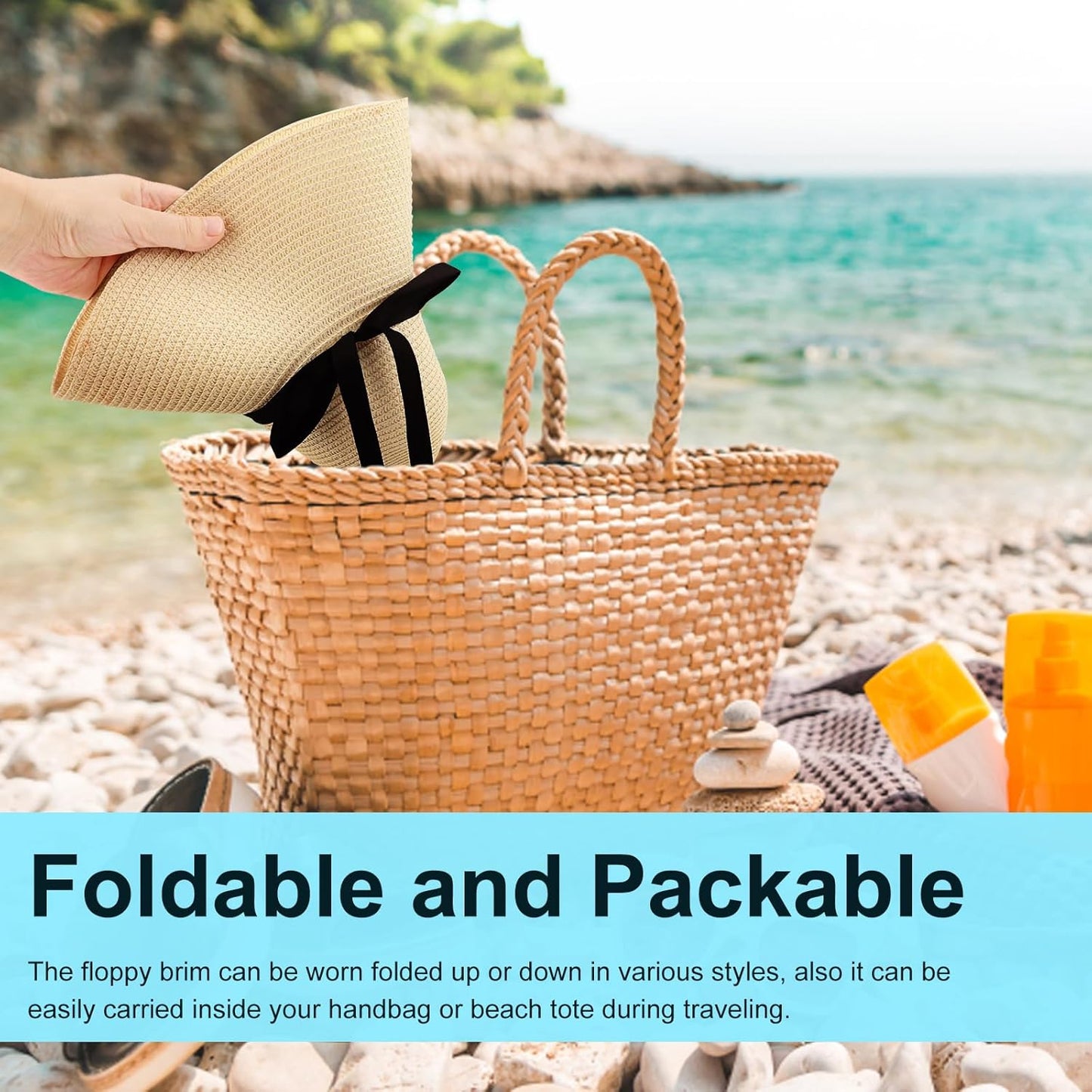 DRESHOW Beach Hats for Women Big Straw Wide Brim Summer Hat Floppy Foldable Roll up Cap Sun Hat UPF 50+